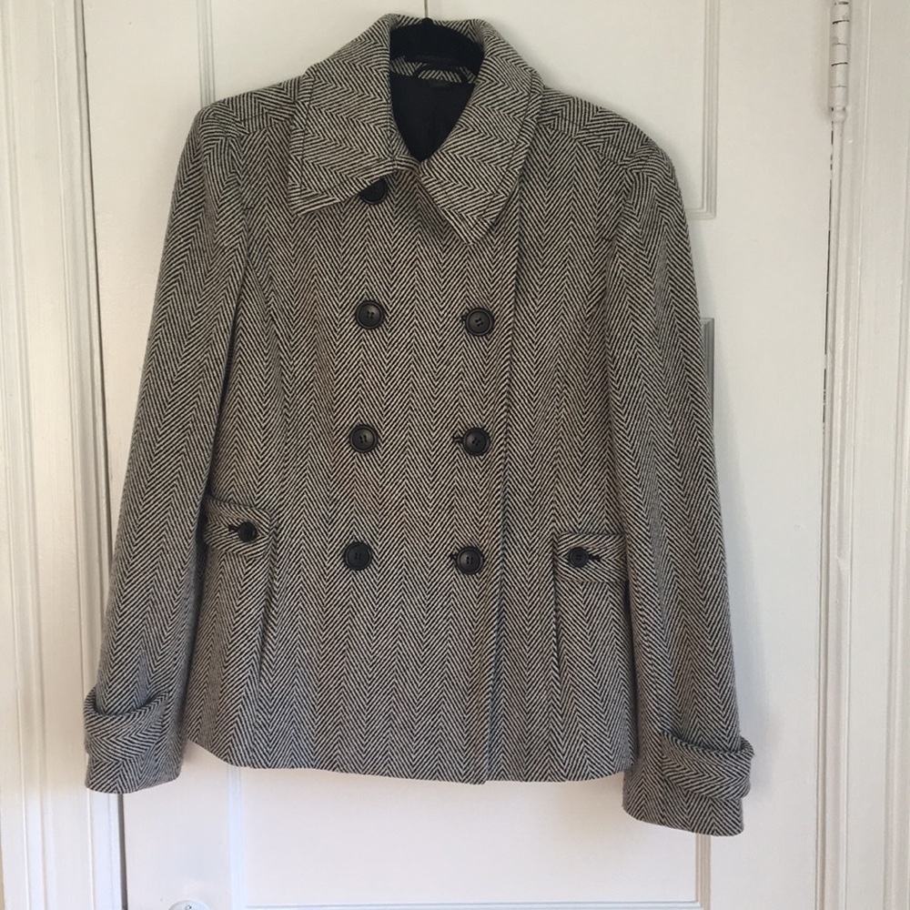 Black/white/metallic herringbone pea coat